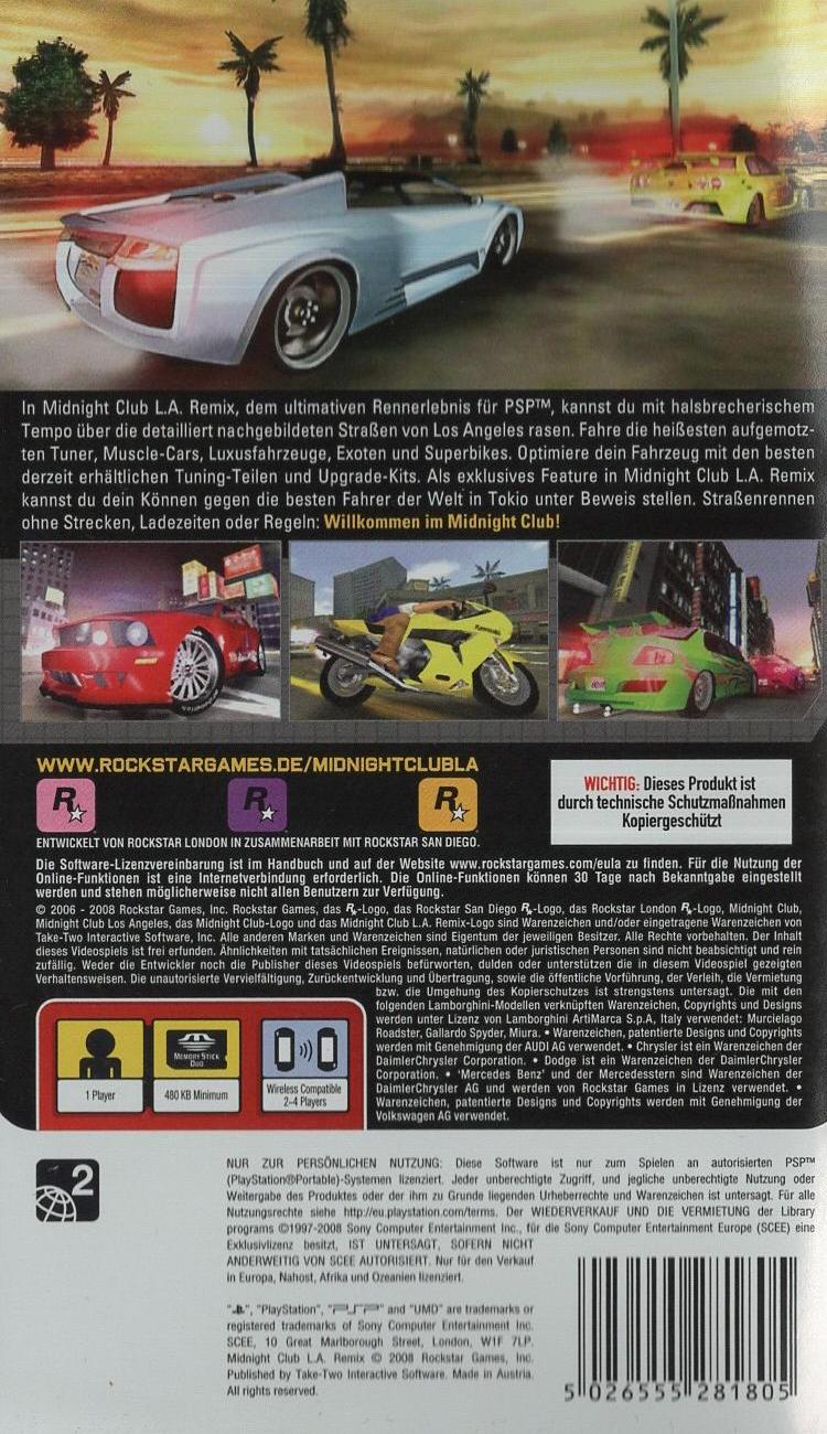 Midnight Club L.A. Remix - PlayStation Portable Rückseite