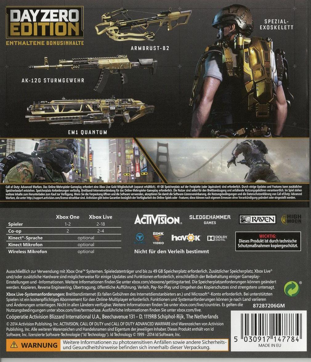 Call of Duty: Advanced Warfare - Day Zero Edition - Xbox One Rückseite