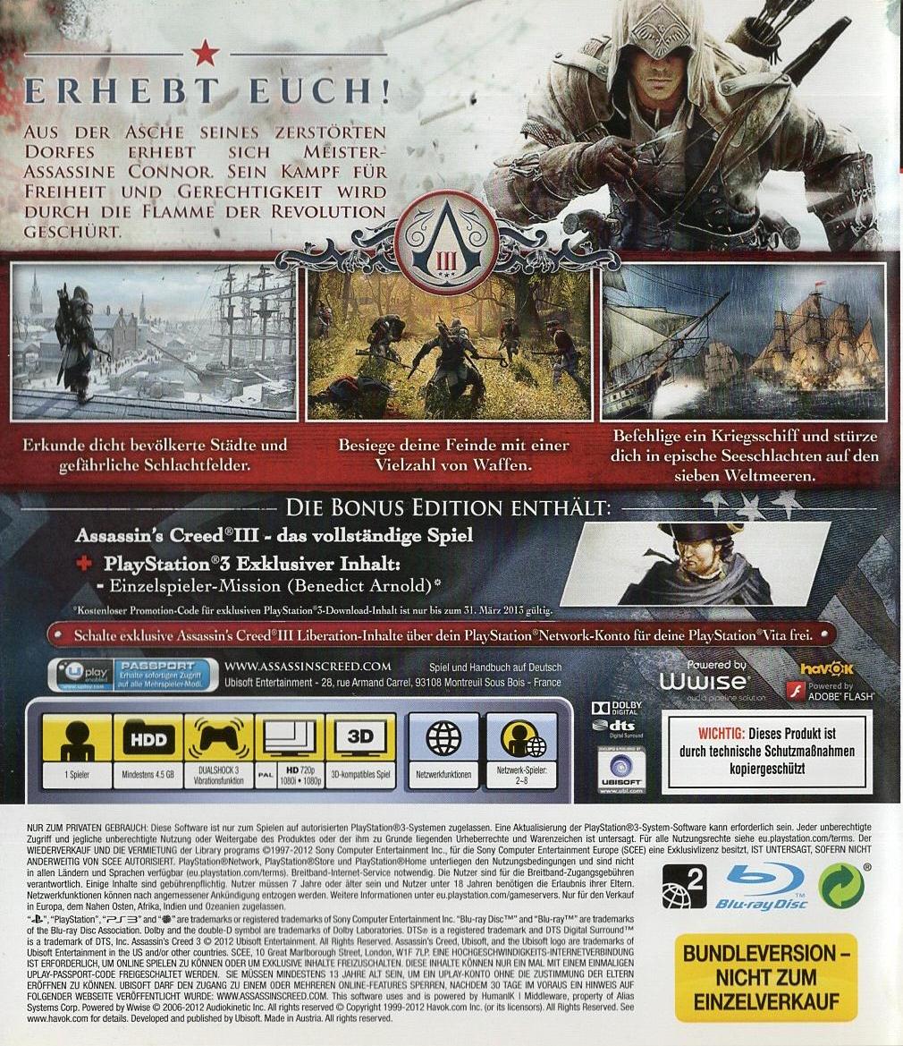 Assassin's Creed III - PlayStation 3 Rückseite