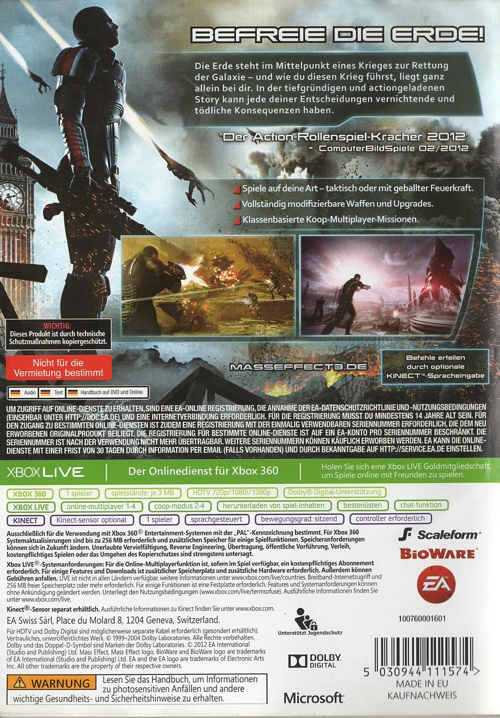 Mass Effect 3 - Xbox 360 Rückseite