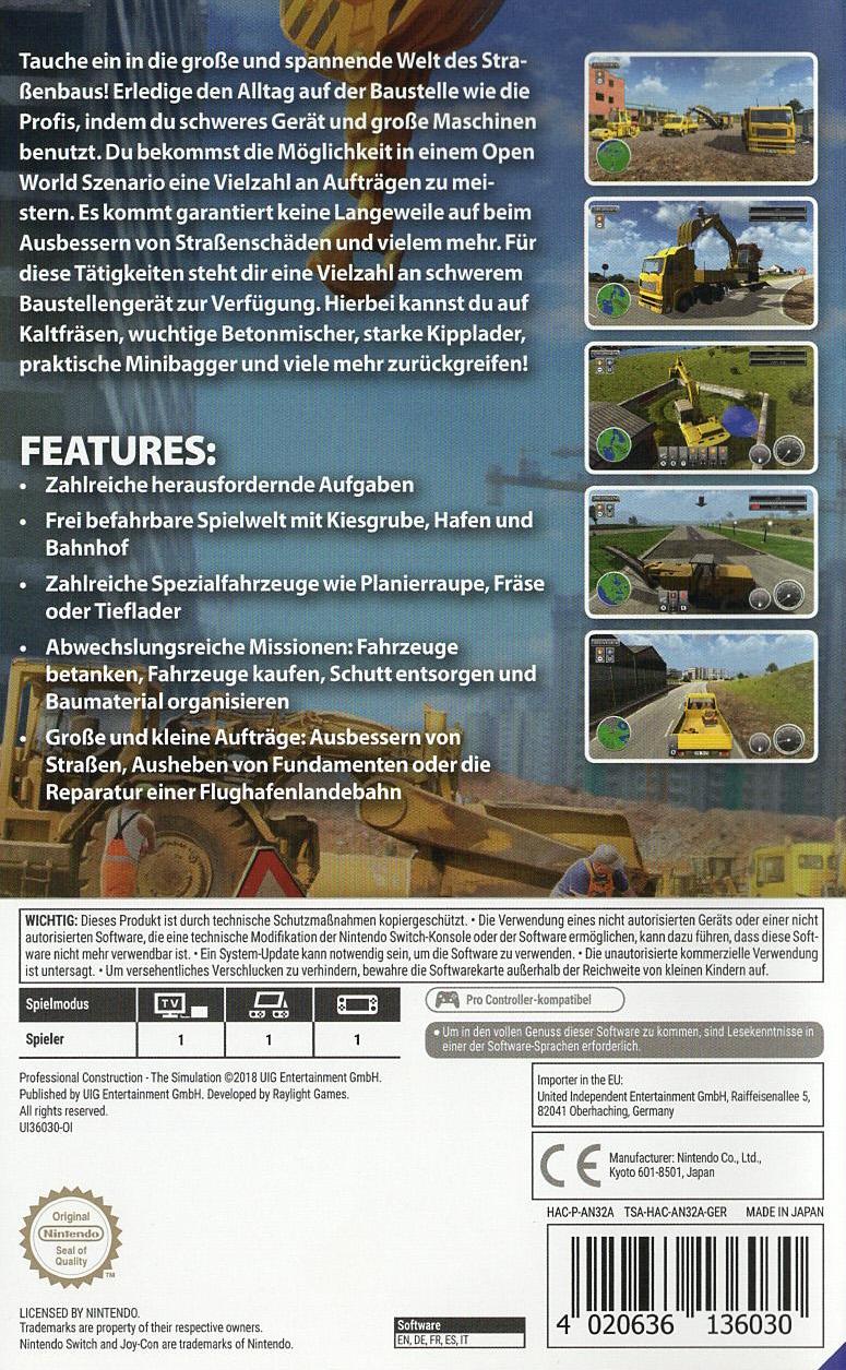 Baumaschinen Die Simulation - Nintendo Switch Rückseite