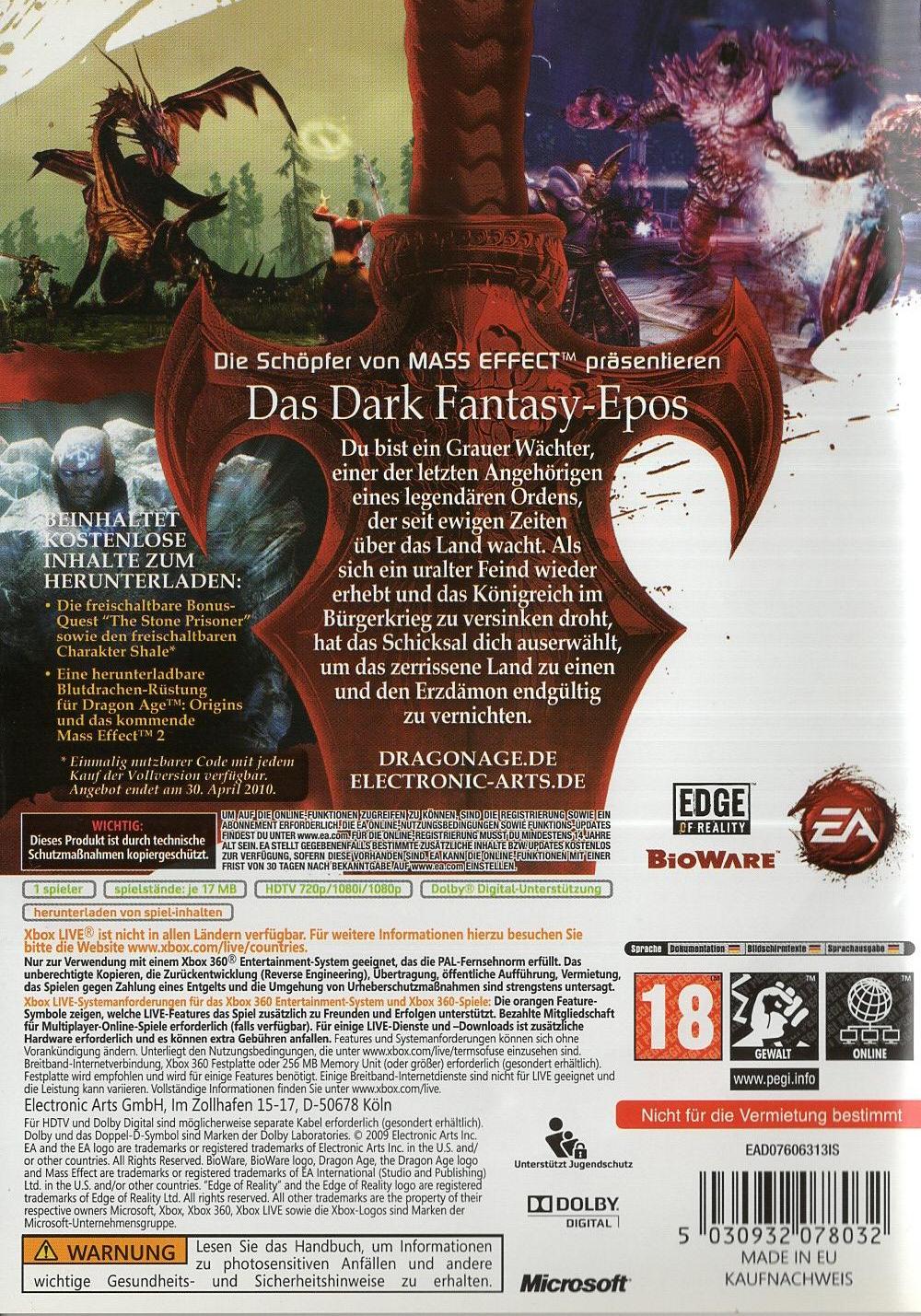 Dragon Age: Origins - Xbox 360 Rückseite