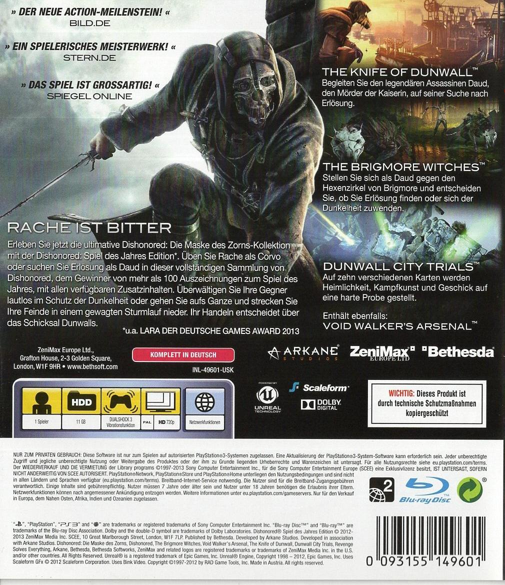 Dishonored: Spiel des Jahres Edition - PlayStation 3 Rückseite