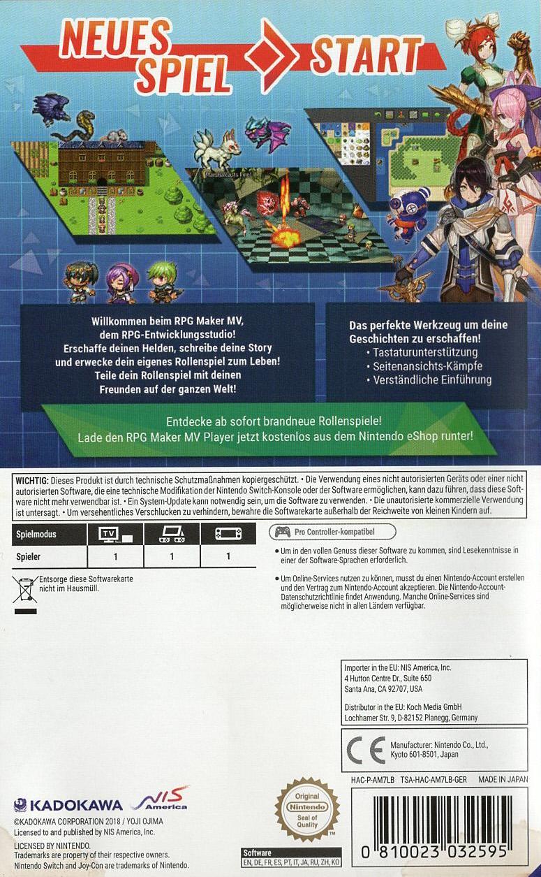 RPG Maker MV - Nintendo Switch Rückseite