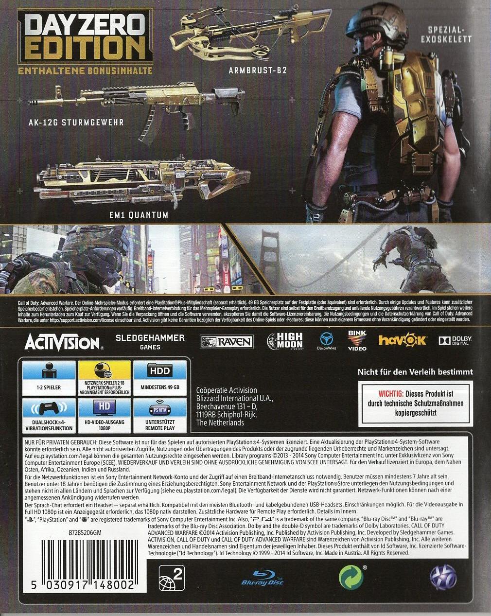 Call of Duty: Advanced Warfare - Day Zero Edition - PlayStation 4 Rückseite