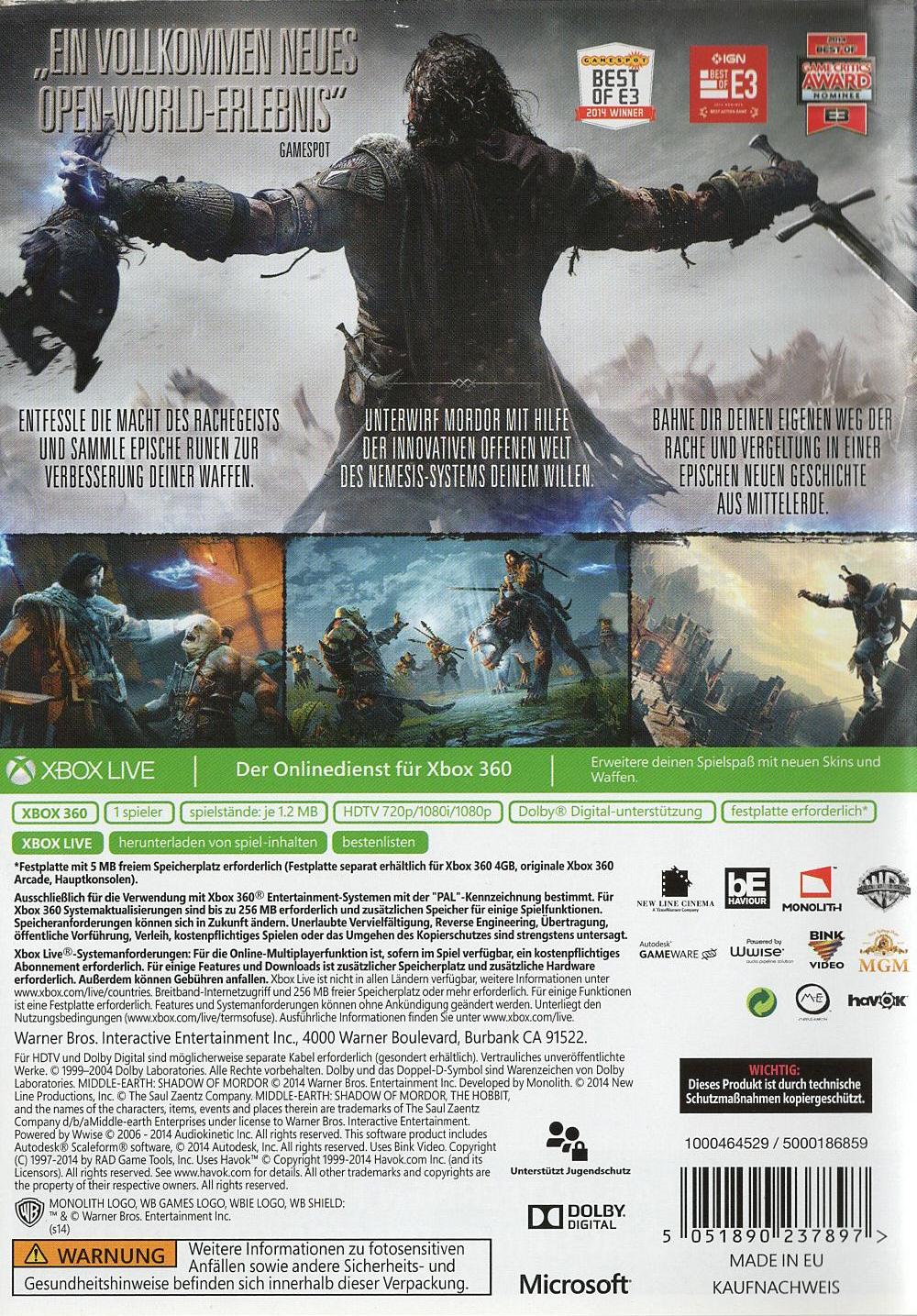 Mittelerde: Mordors Schatten - Xbox 360 Rückseite