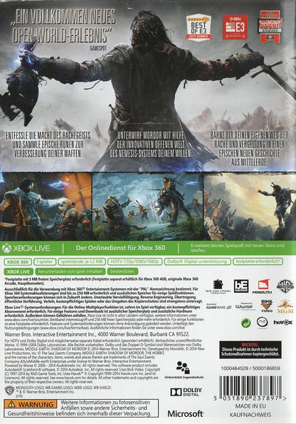 Mittelerde: Mordors Schatten - Xbox 360 Rückseite