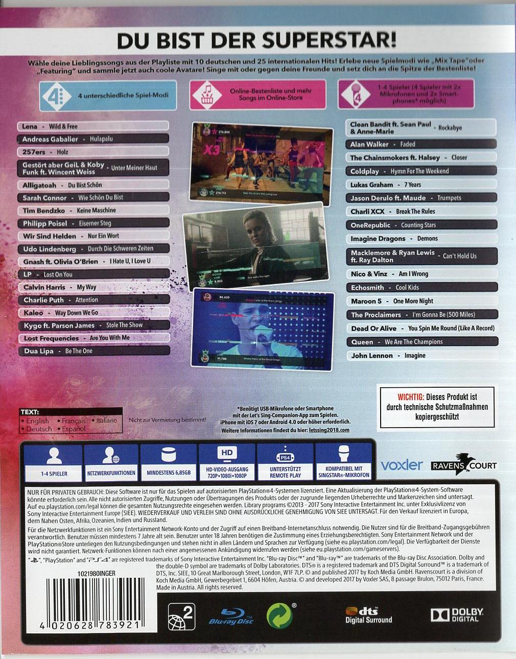 Let's Sing 2018 - PlayStation 4 Rückseite