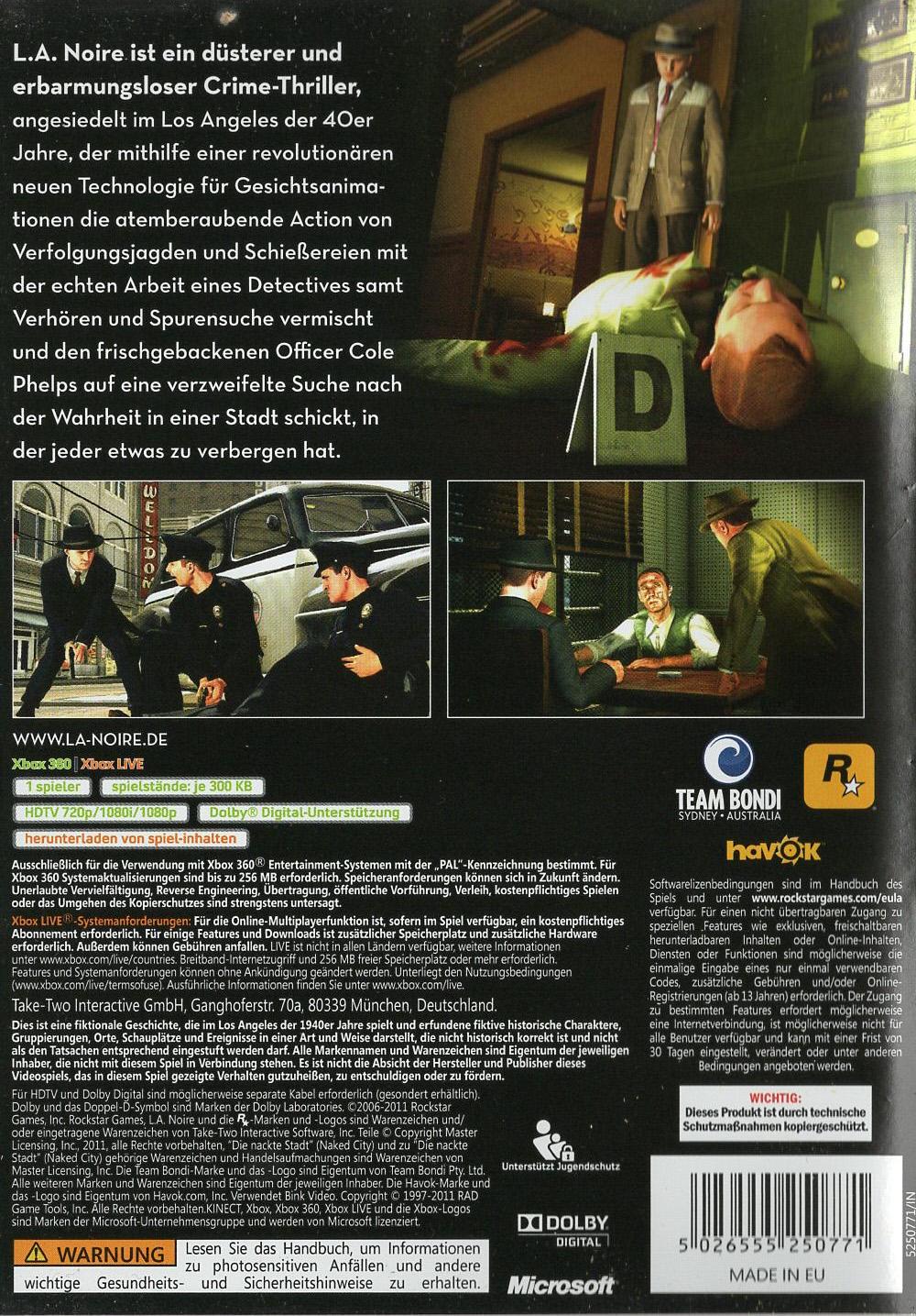 L.A. Noire - Xbox 360 Rückseite