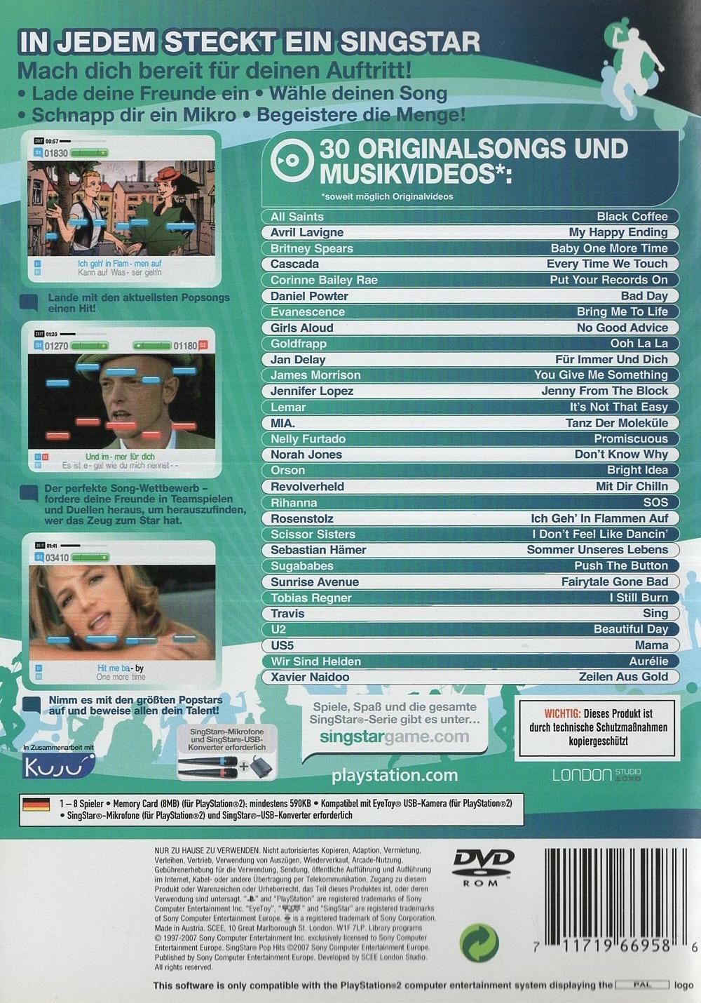 SingStar Pop Hits - PlayStation 2 Rückseite