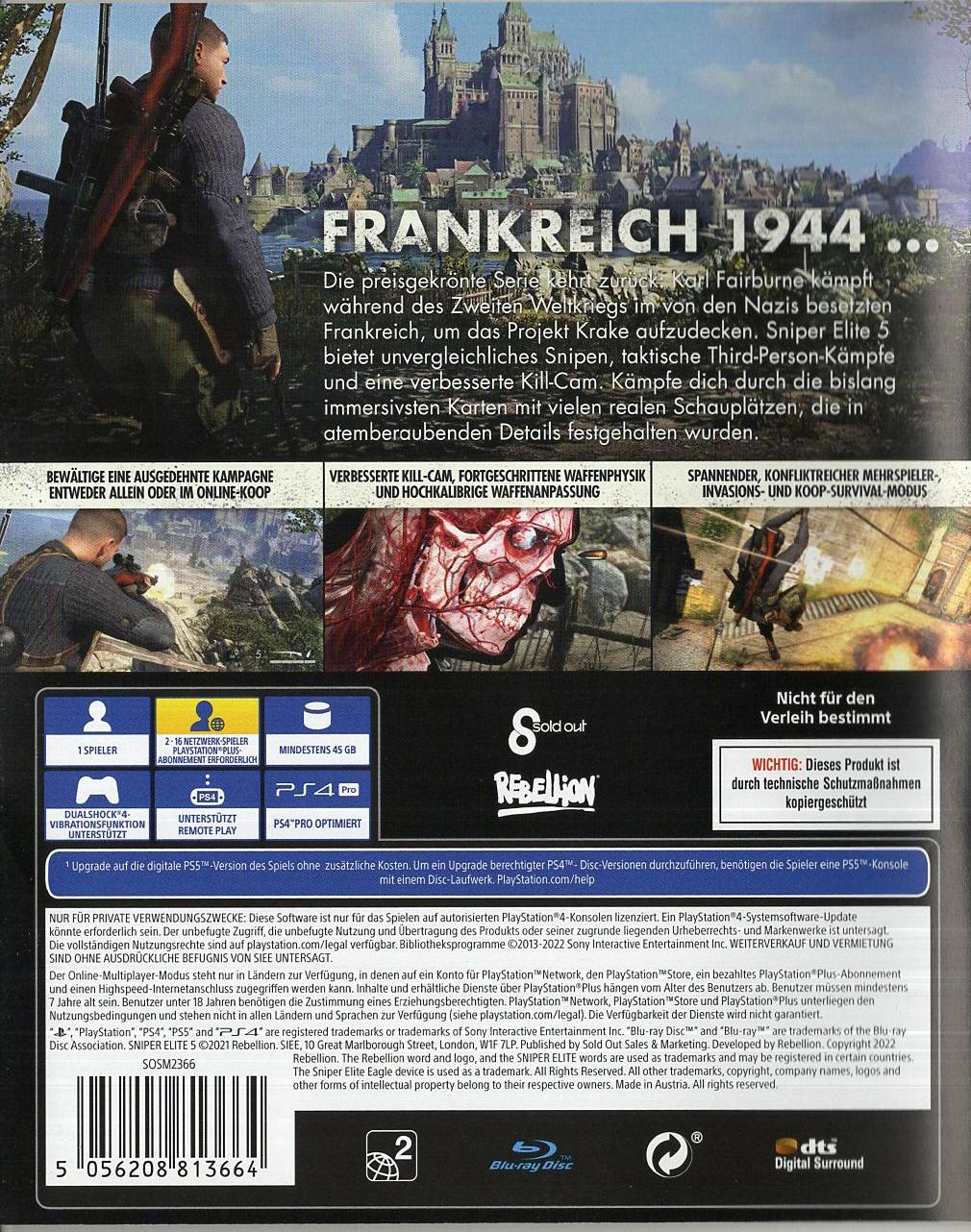 Sniper Elite 5 - PlayStation 4 Rückseite