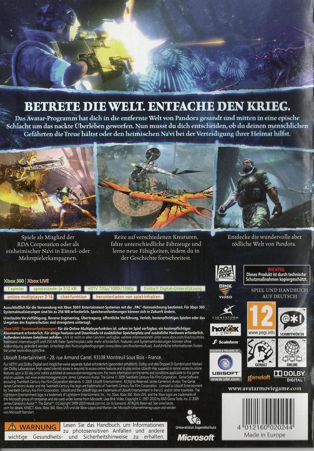 James Cameron's Avatar: Das Spiel - Xbox 360 Rückseite