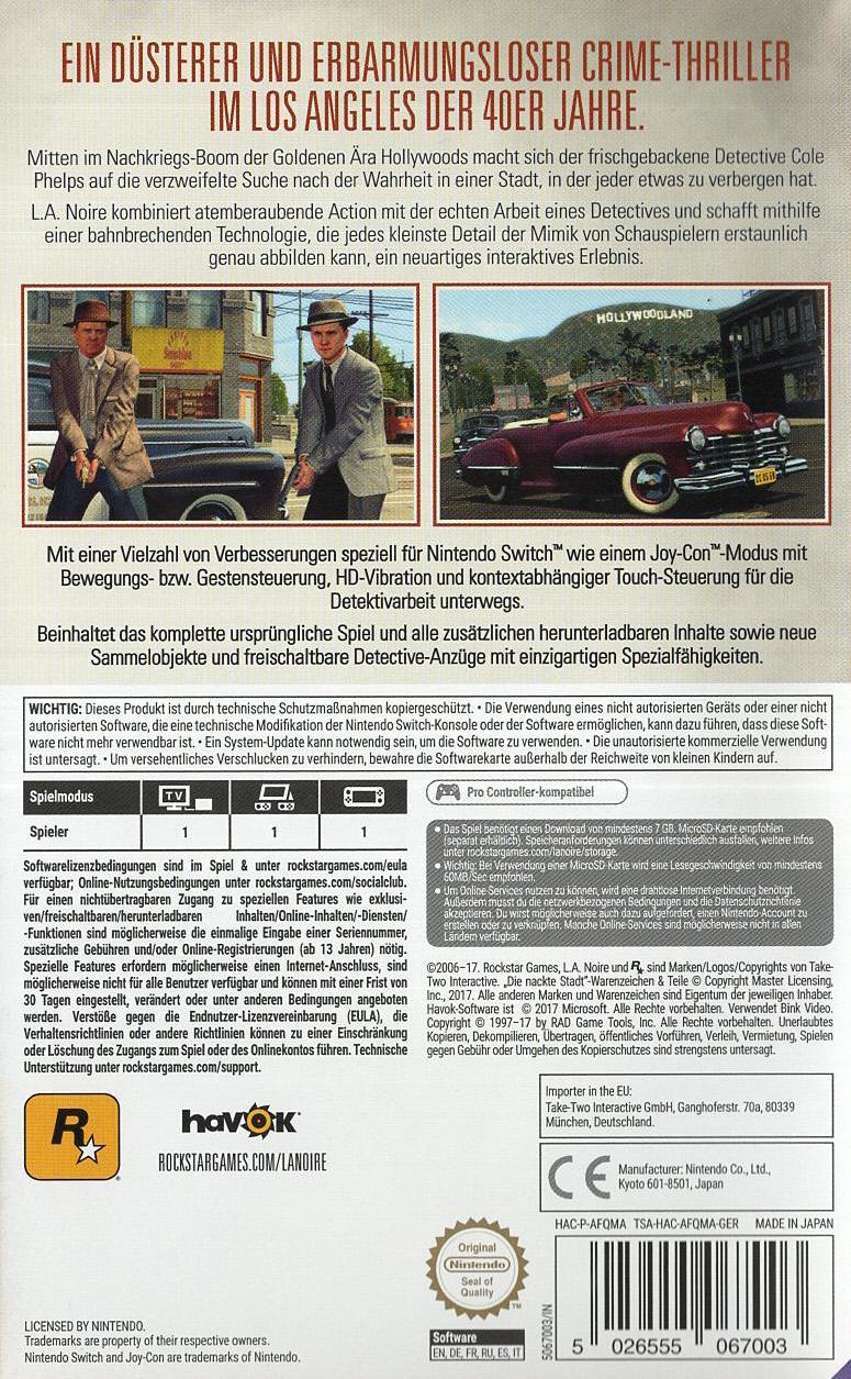 L.A. Noire - Nintendo Switch Rückseite