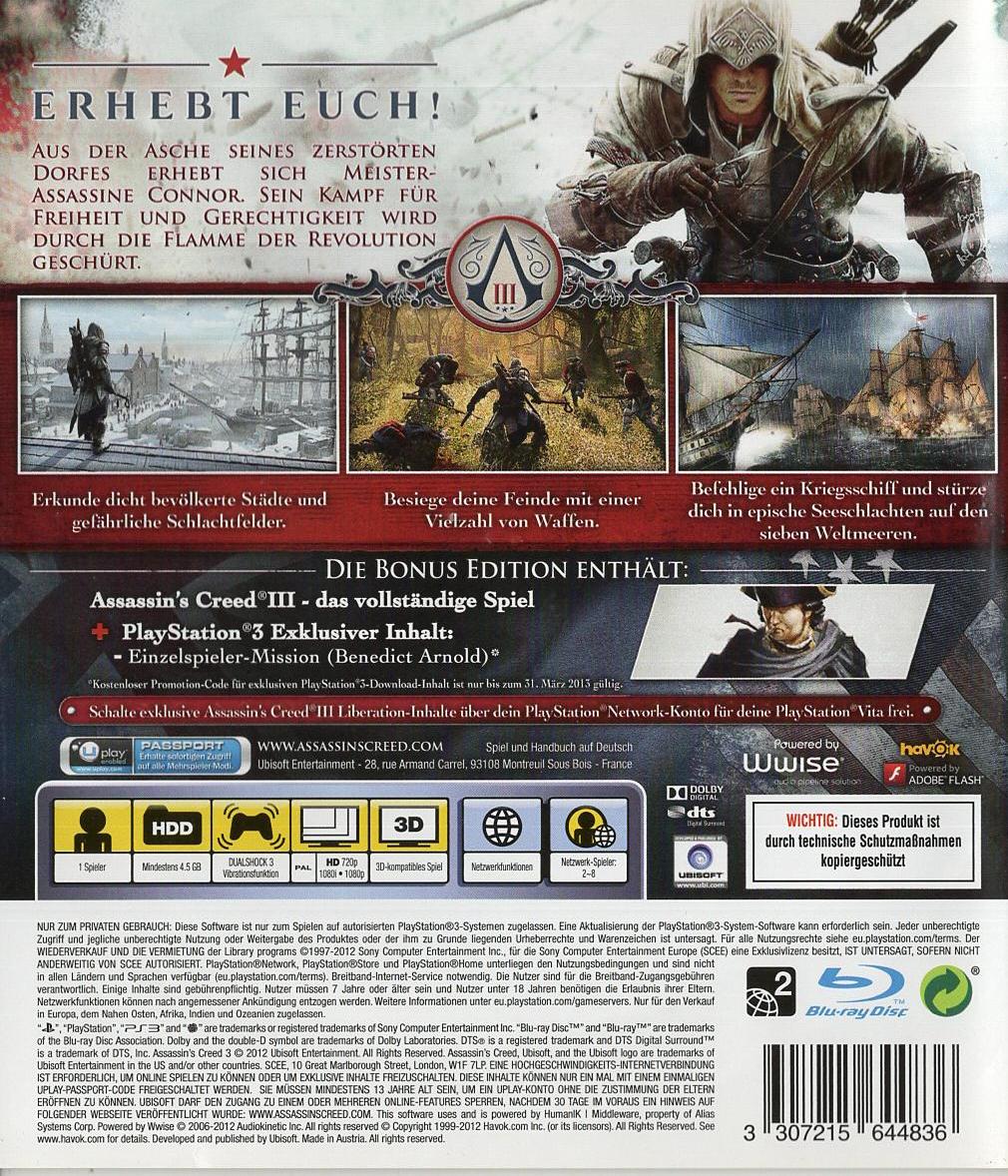 Assassin's Creed III - PlayStation 3 Rückseite