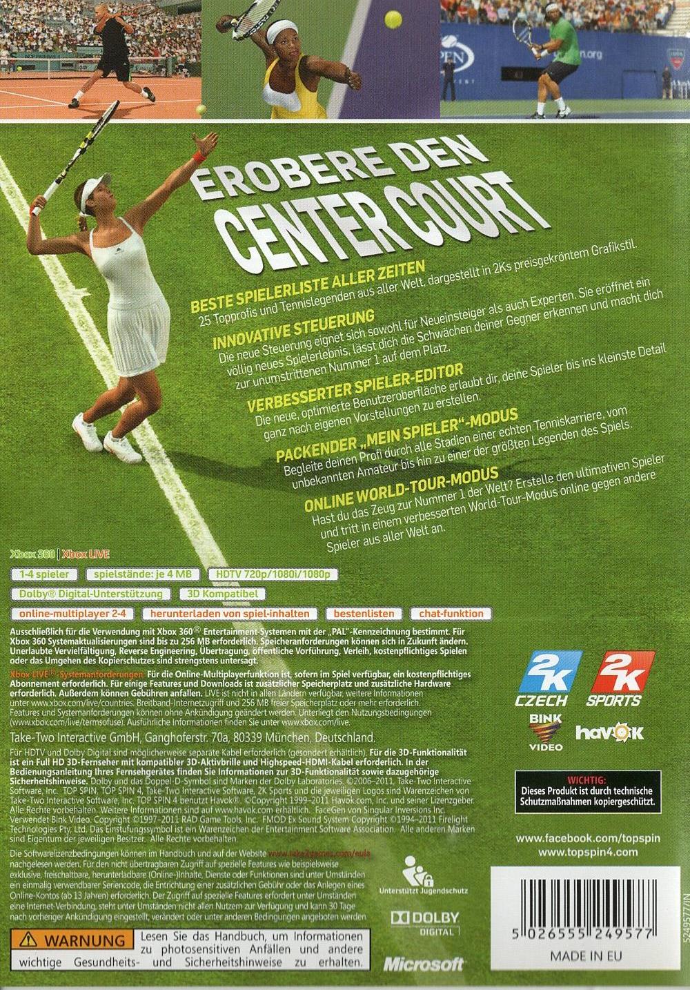 Top Spin 4 - Xbox 360 Rückseite