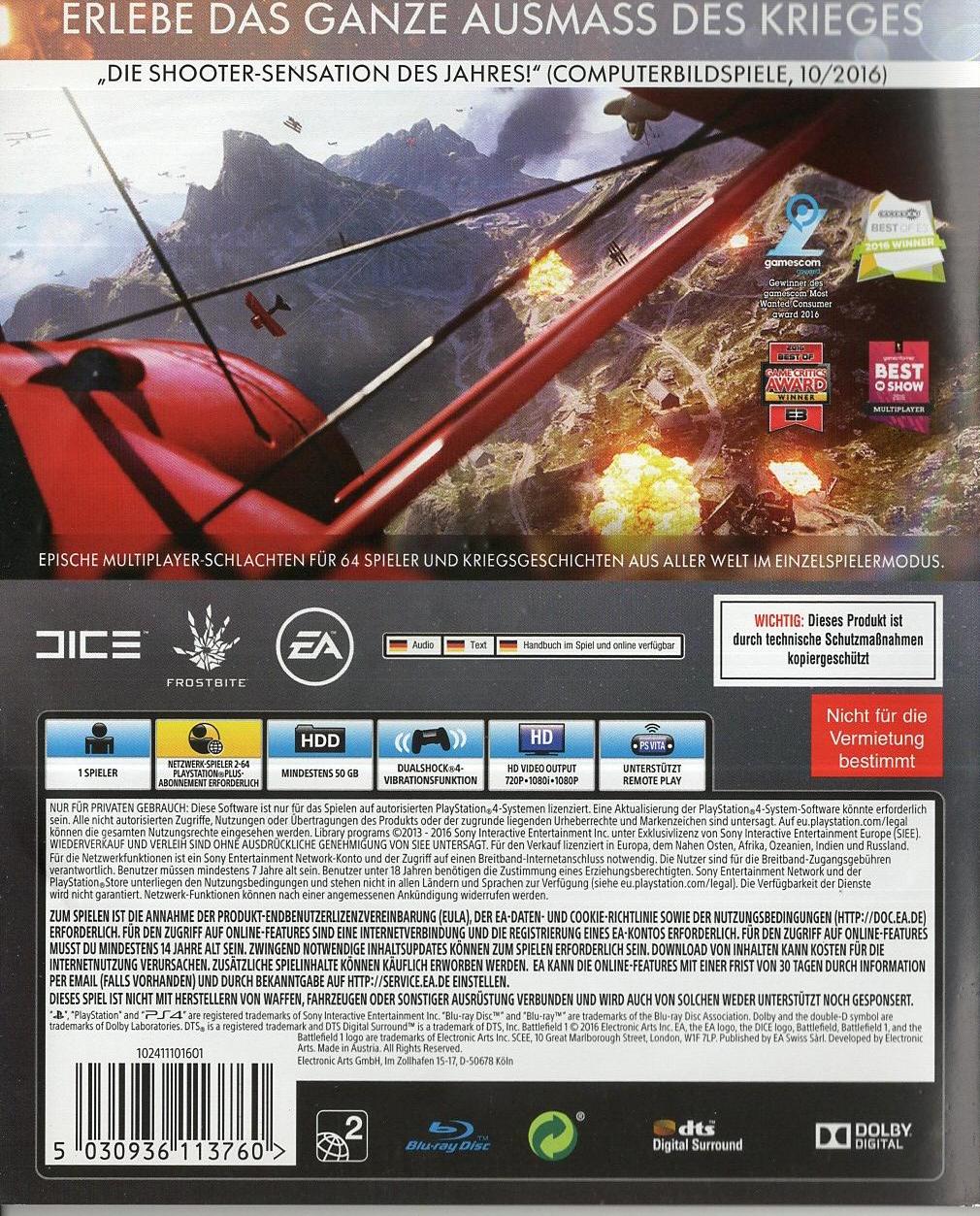 Battlefield 1 - PlayStation 4 Rückseite
