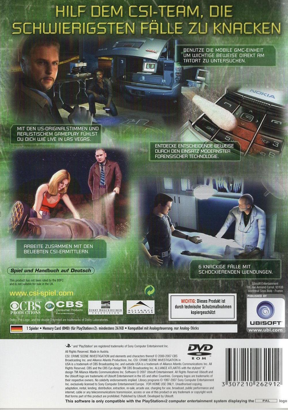 CSI: Crime Scene Investigation - Mord in 3 Dimensionen - PlayStation 2 Rückseite