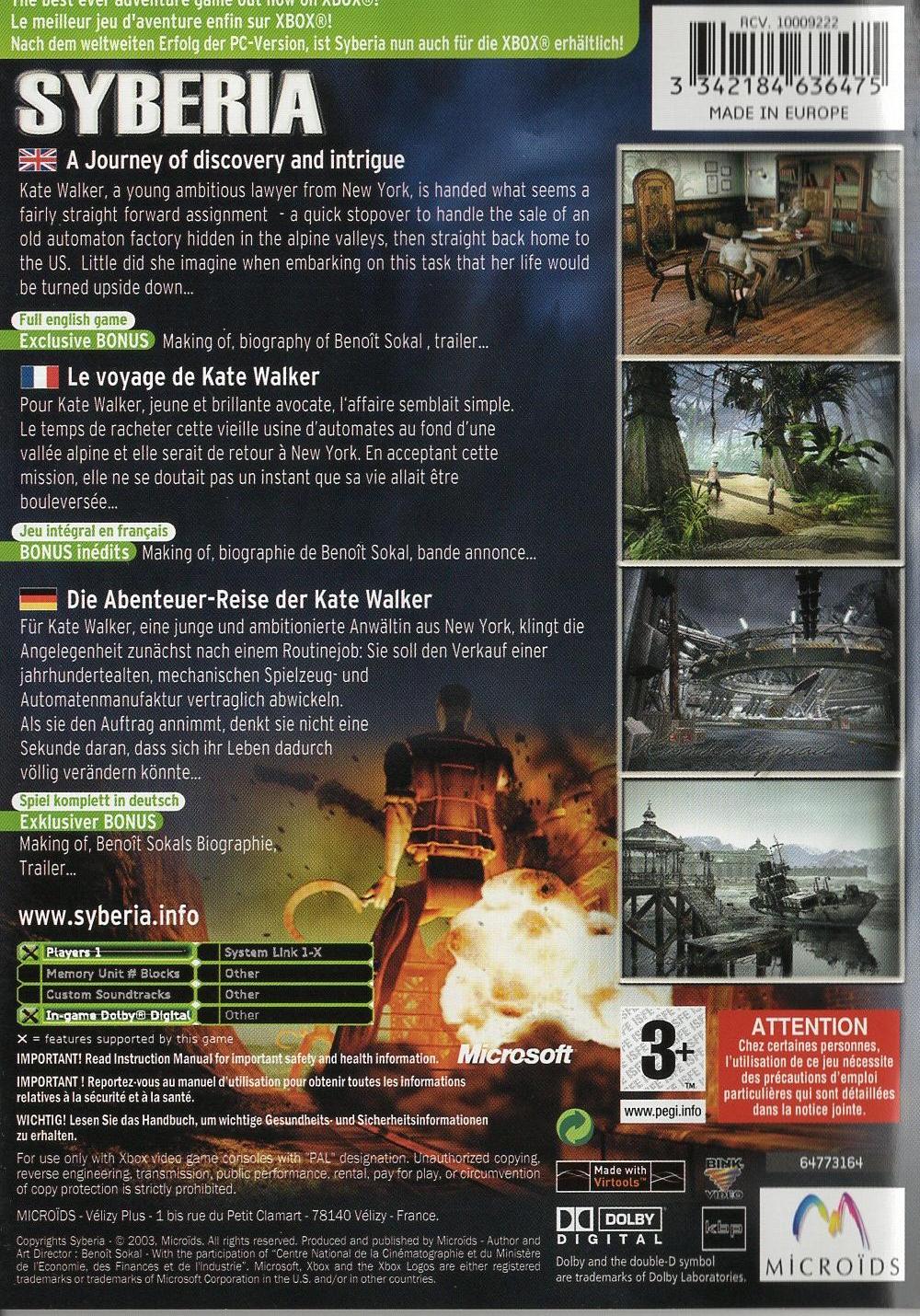 Syberia - Xbox Rückseite