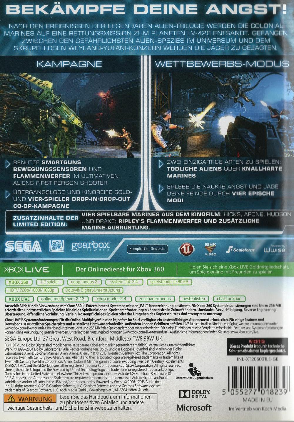 Aliens: Colonial Marines - Xbox 360 Rückseite
