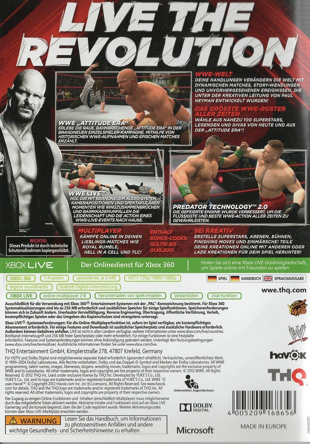 WWE '13 First Edition - Xbox 360 Rückseite
