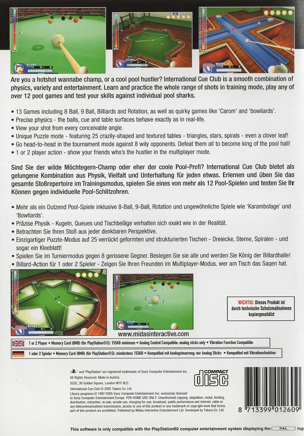 International Cue Club - PlayStation 2 Rückseite