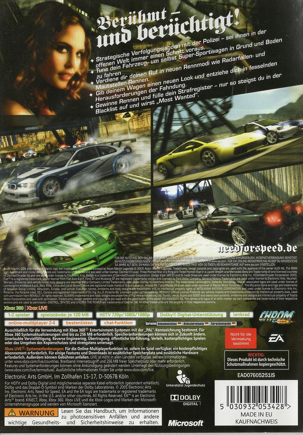 Need for Speed: Most Wanted - Xbox 360 Rückseite