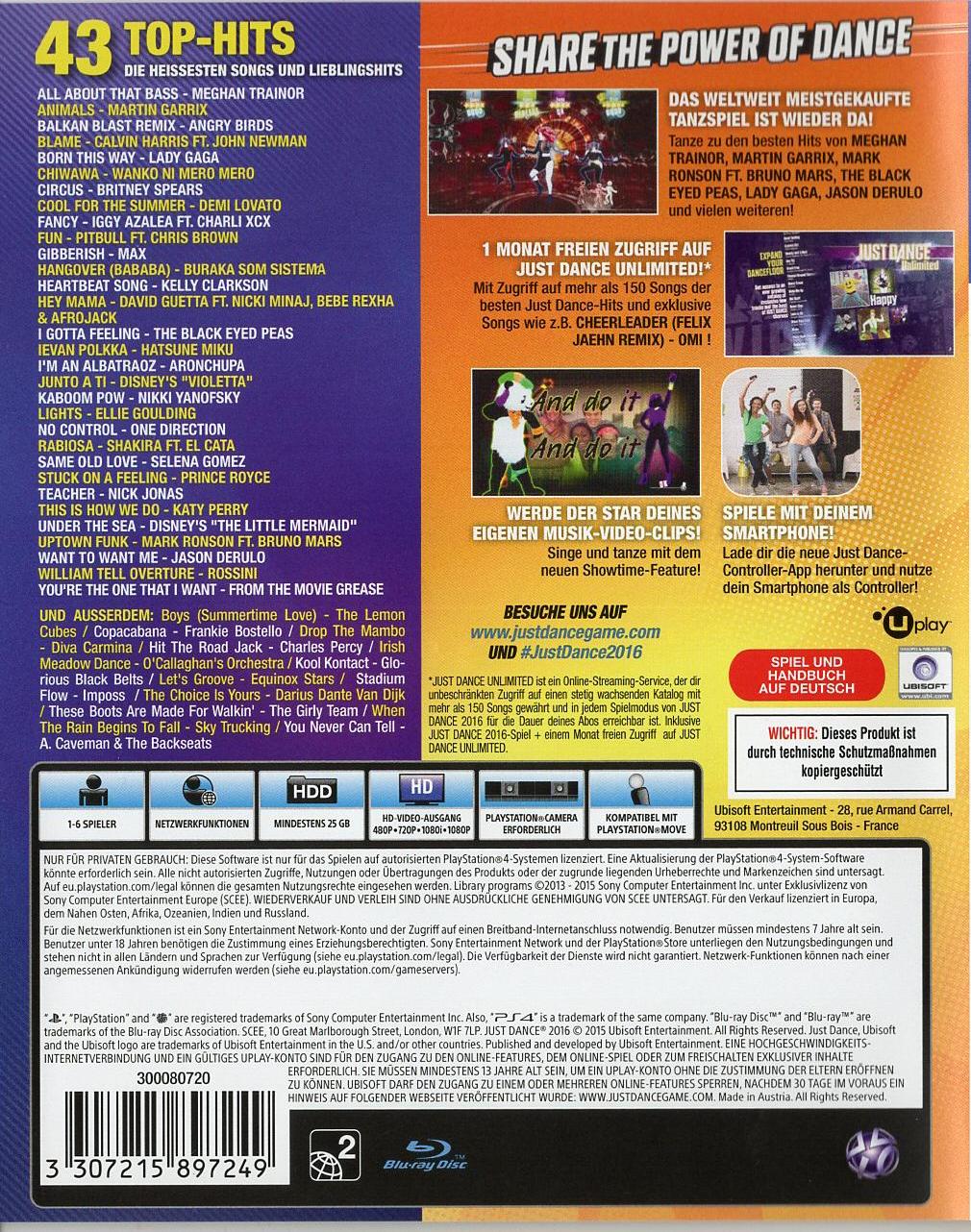 Just Dance 2016 - PlayStation 4 Rückseite