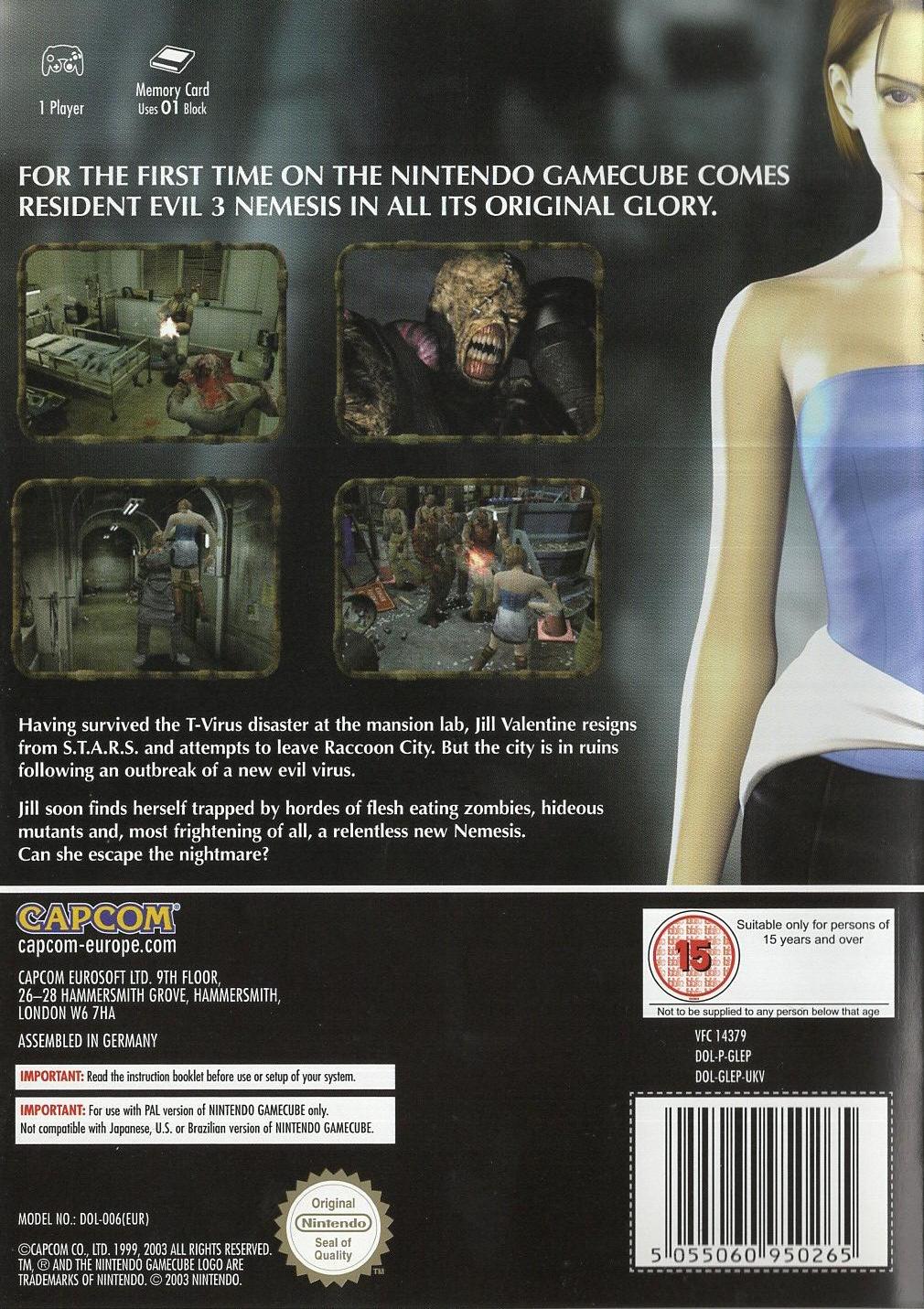 Resident Evil 3: Nemesis - Nintendo GameCube Rückseite