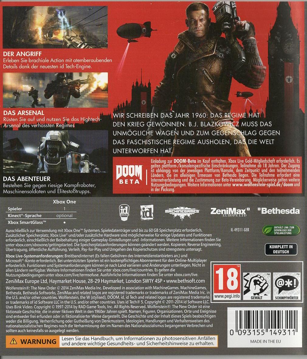 Wolfenstein: The New Order - Xbox One Rückseite