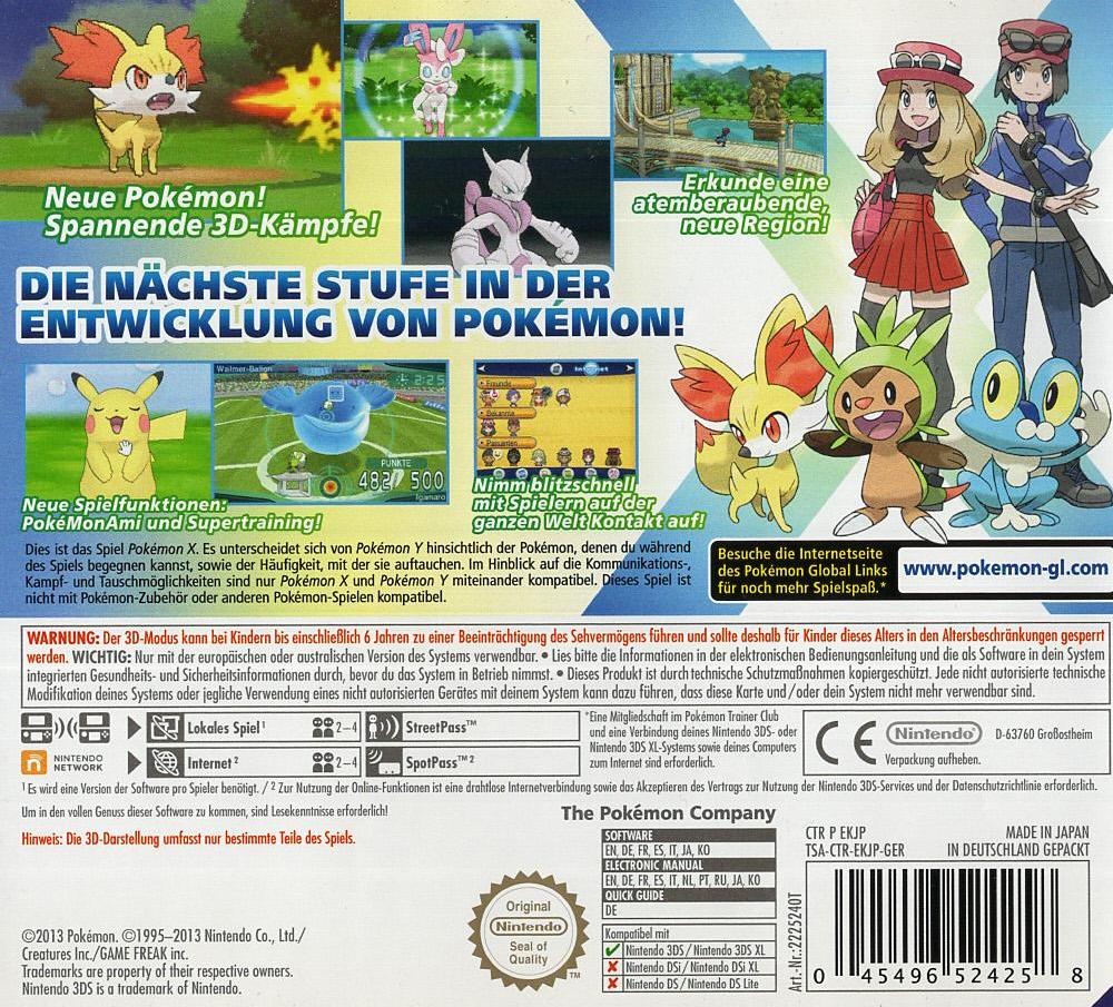 Pokémon X - Nintendo 3DS Rückseite
