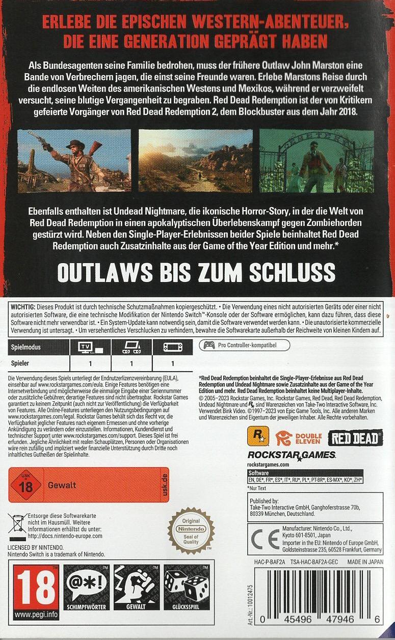 Red Dead Redemption - Nintendo Switch Rückseite