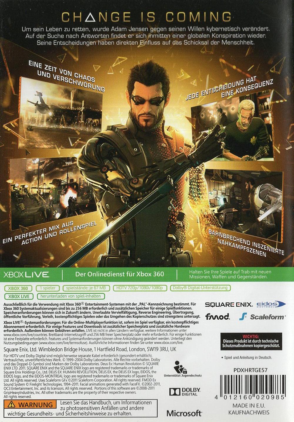 Deus Ex: Human Revolution - Xbox 360 Rückseite