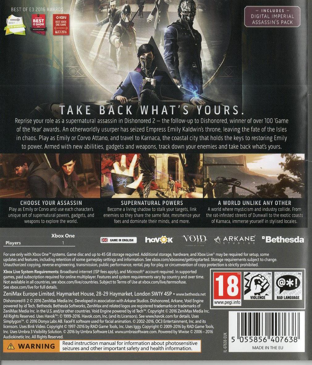 Dishonored 2 - Xbox One Rückseite