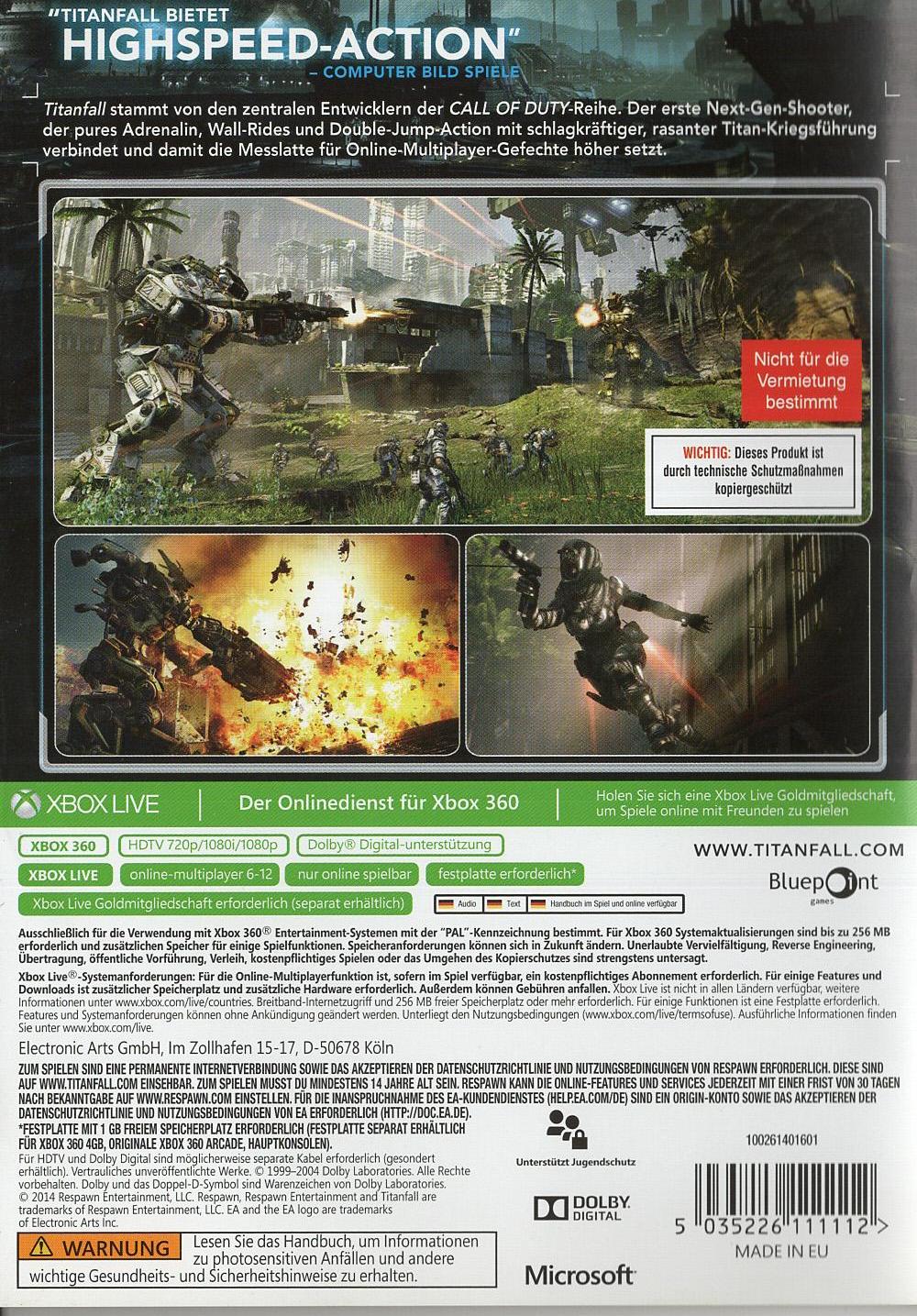 Titanfall - Xbox 360 Rückseite