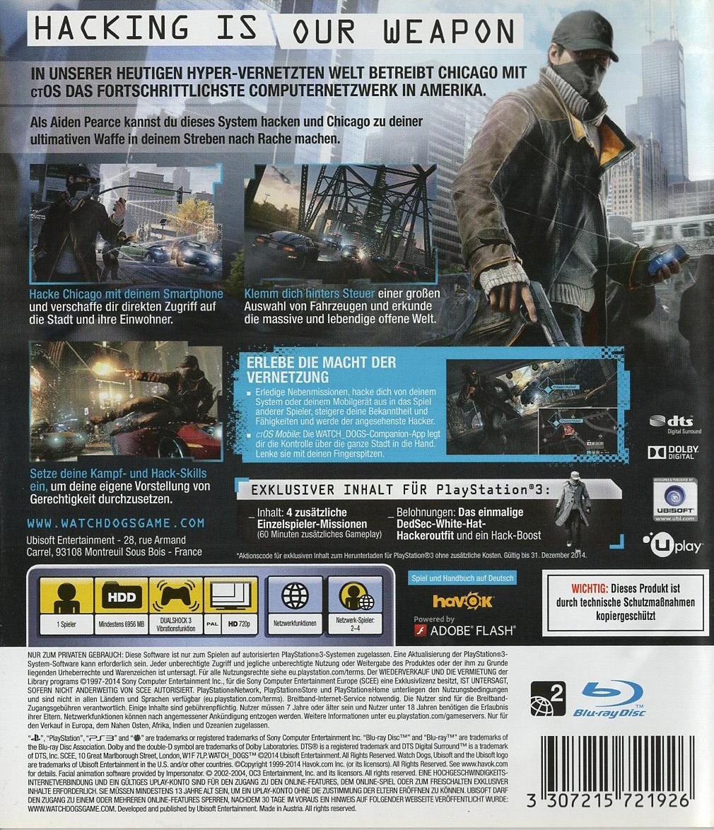 Watch Dogs - PlayStation 3 Rückseite