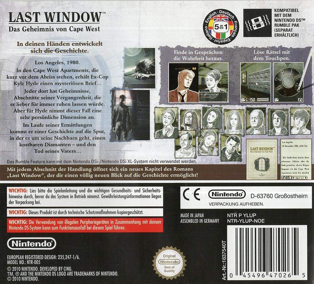 Last Window: Das Geheimnis von Cape West - Nintendo DS Rückseite