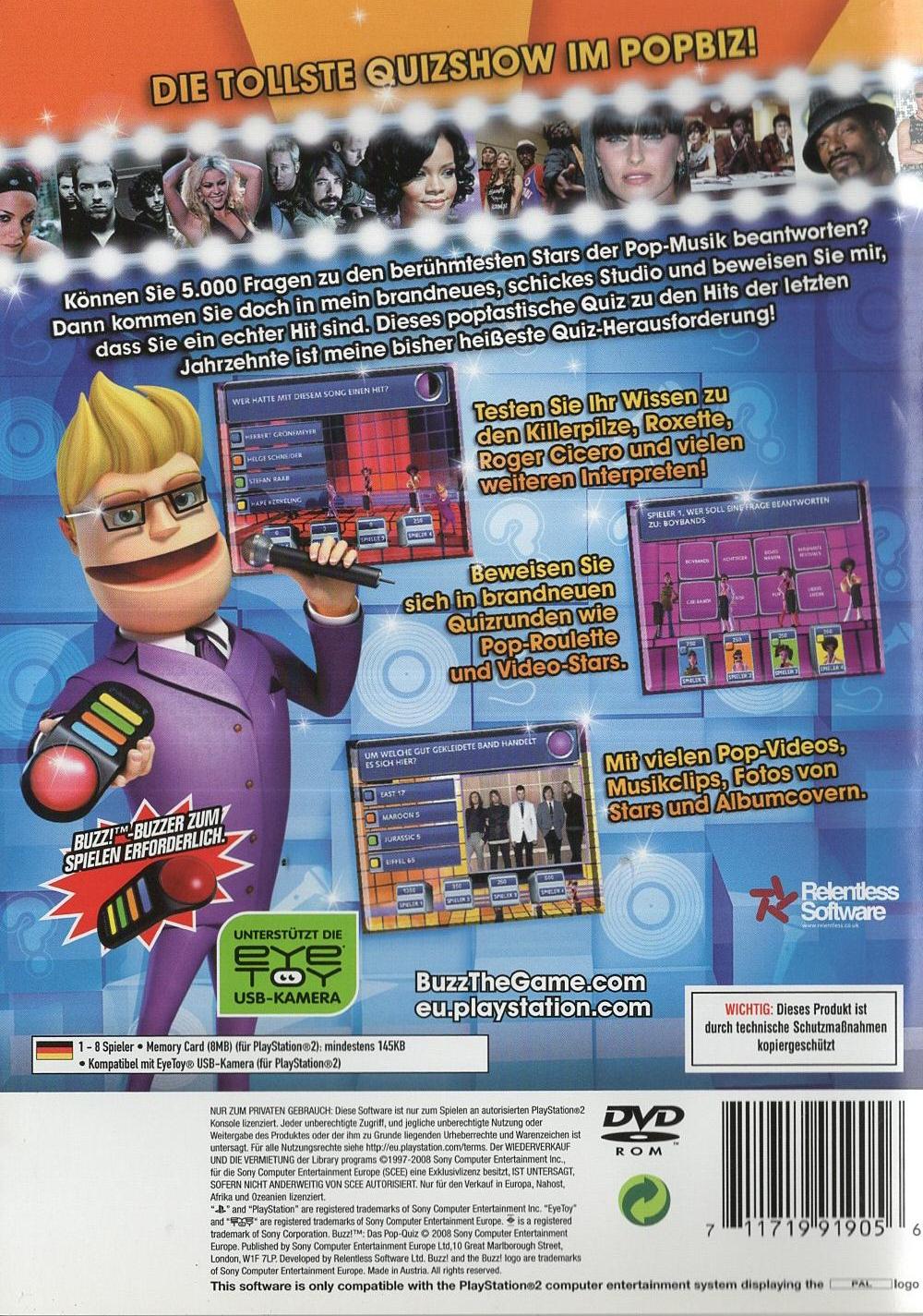Buzz! Das Pop-Quiz - PlayStation 2 Rückseite