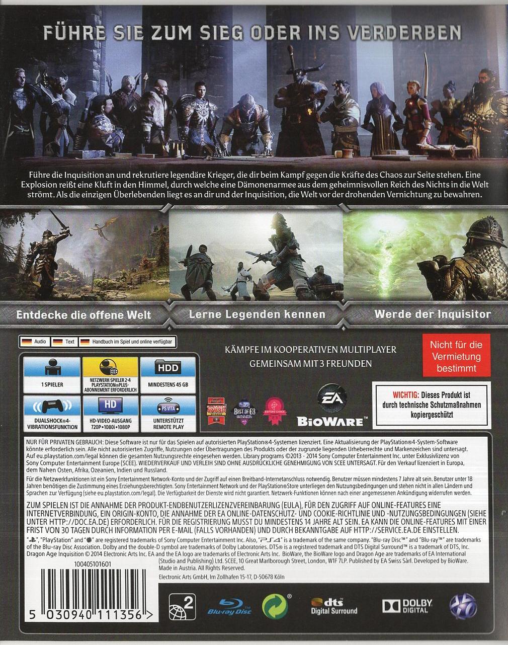 Dragon Age Inquisition - PlayStation 4 Rückseite
