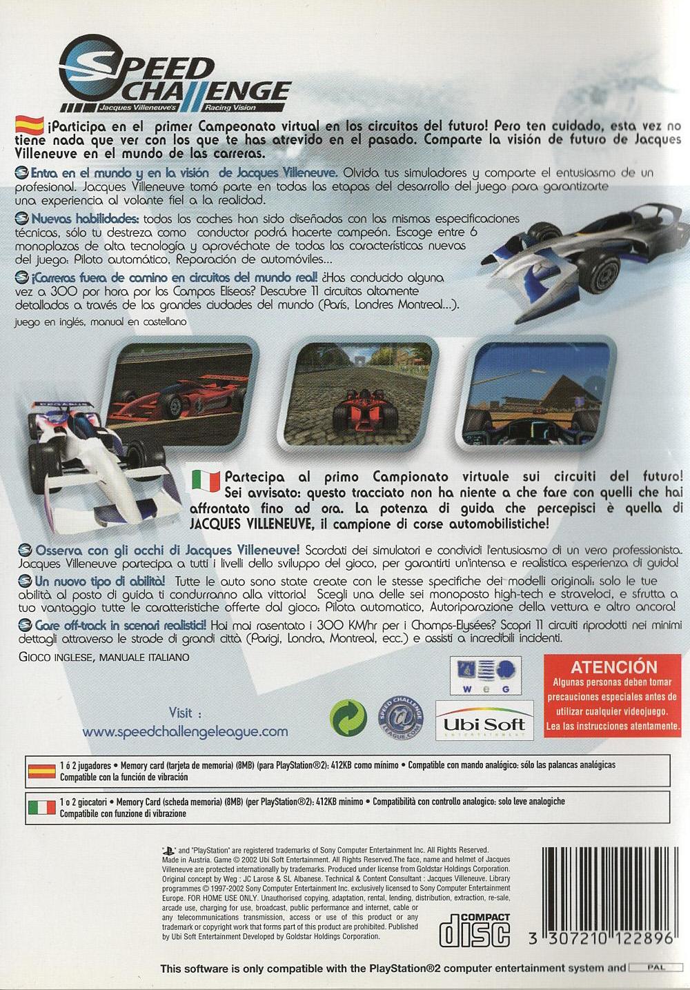 Speed Challenge: Jacques Villeneuve's Racing Vision - PlayStation 2 Rückseite
