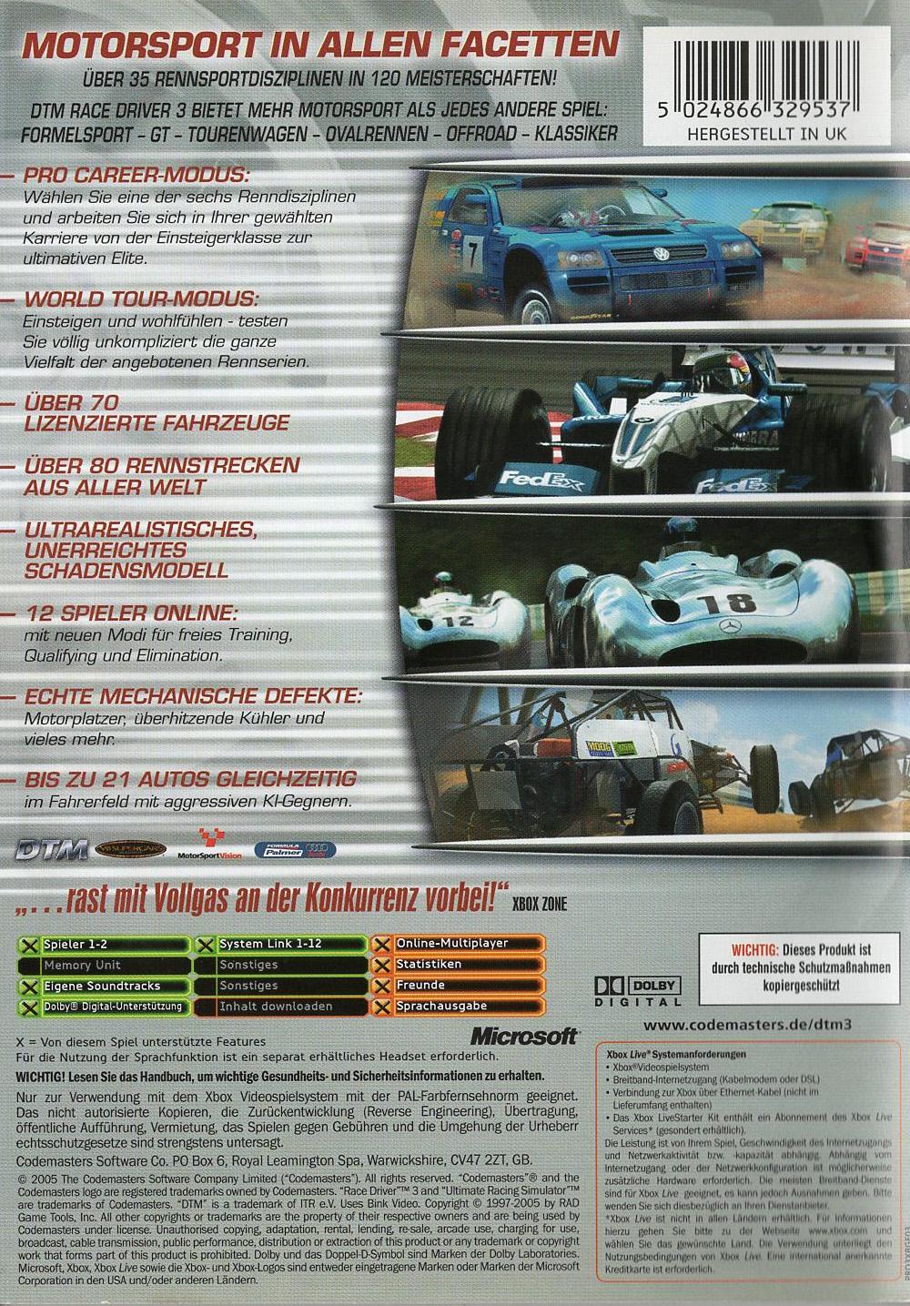 DTM Race Driver 3 - Xbox Rückseite