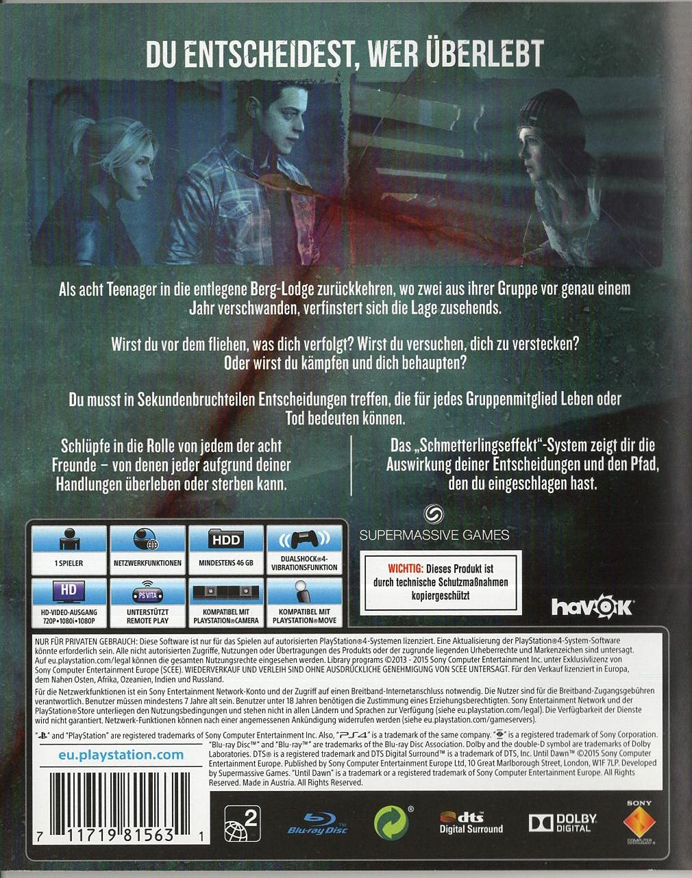 Until Dawn - PlayStation 4 Rückseite