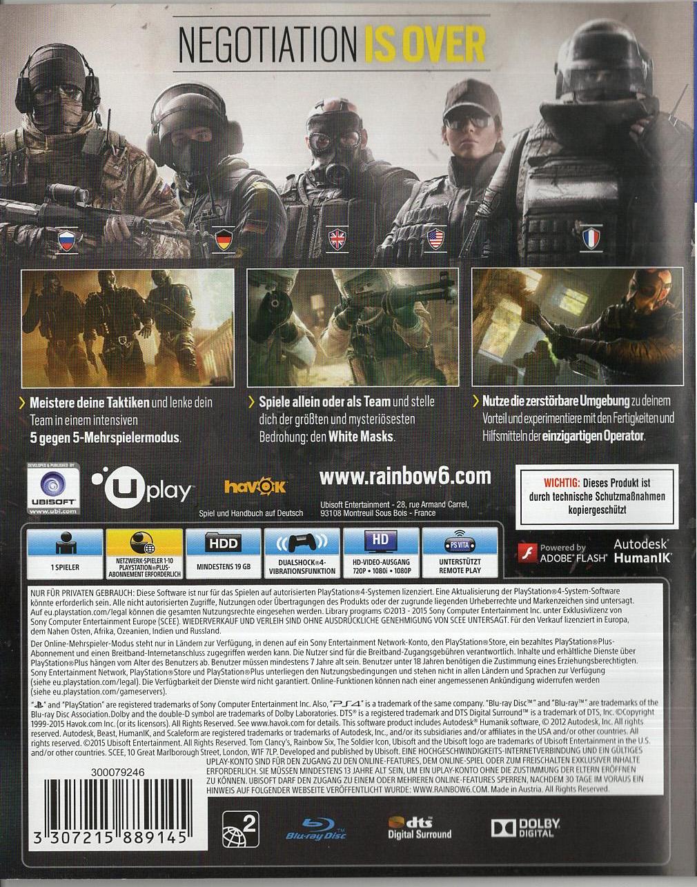 Tom Clancy's Rainbow Six Siege - PlayStation 4 Rückseite