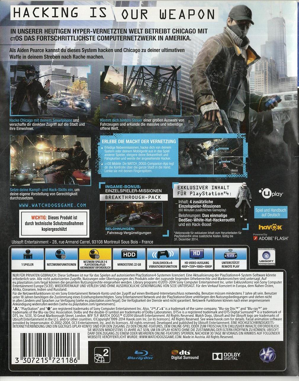 Watch Dogs - PlayStation 4 Rückseite