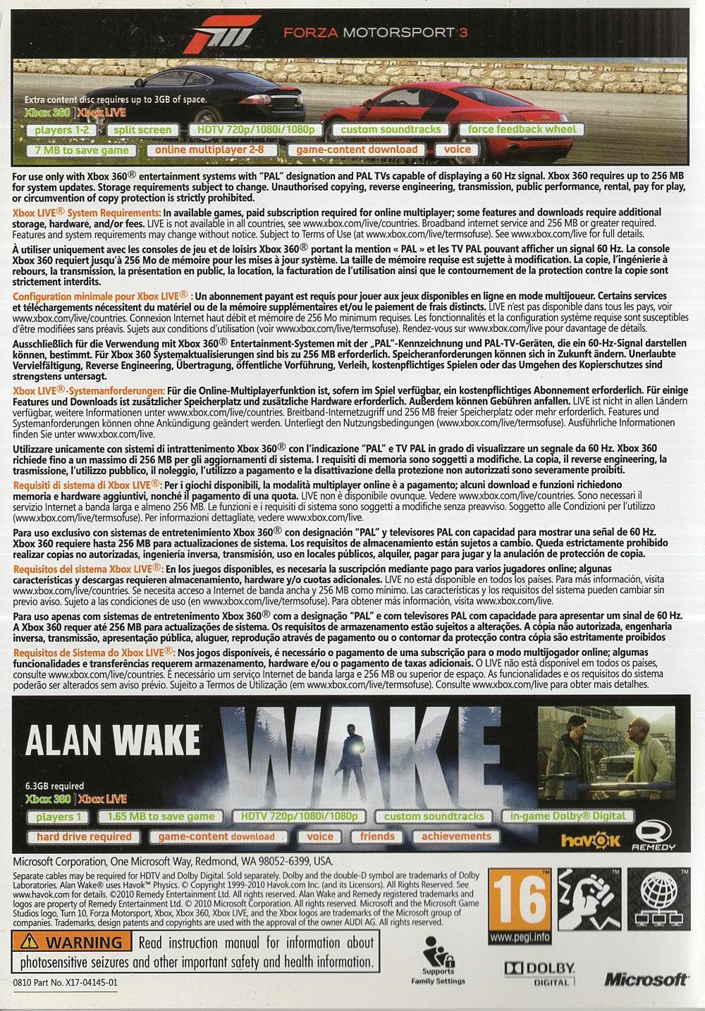 Forza Motorsport 3 / Alan Wake Double Pack - Xbox 360 Rückseite