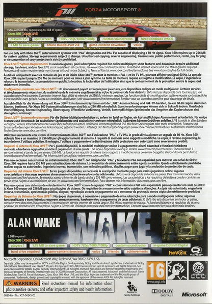 Forza Motorsport 3 / Alan Wake Double Pack - Xbox 360 Rückseite