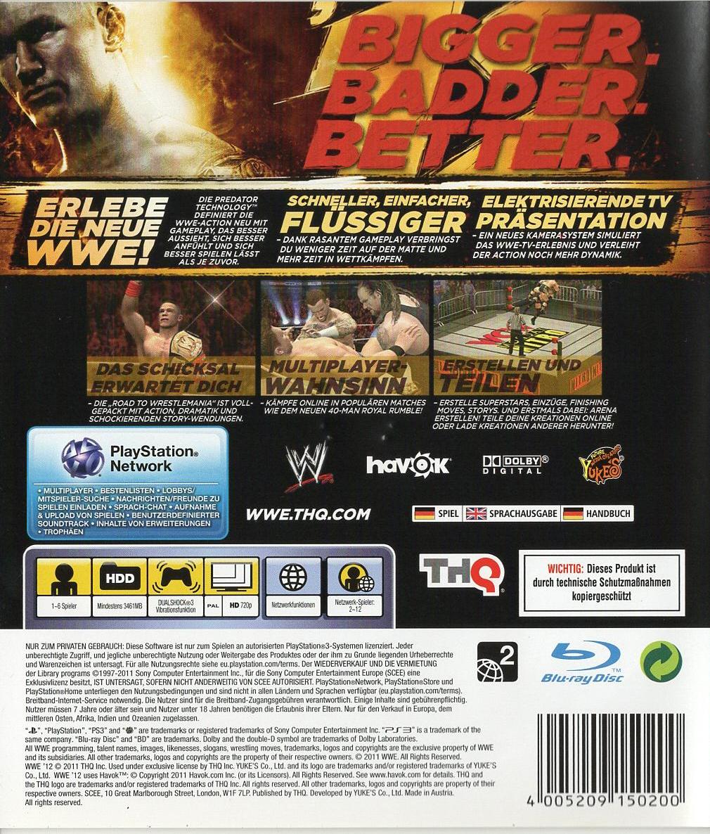 WWE '12 - PlayStation 3 Rückseite