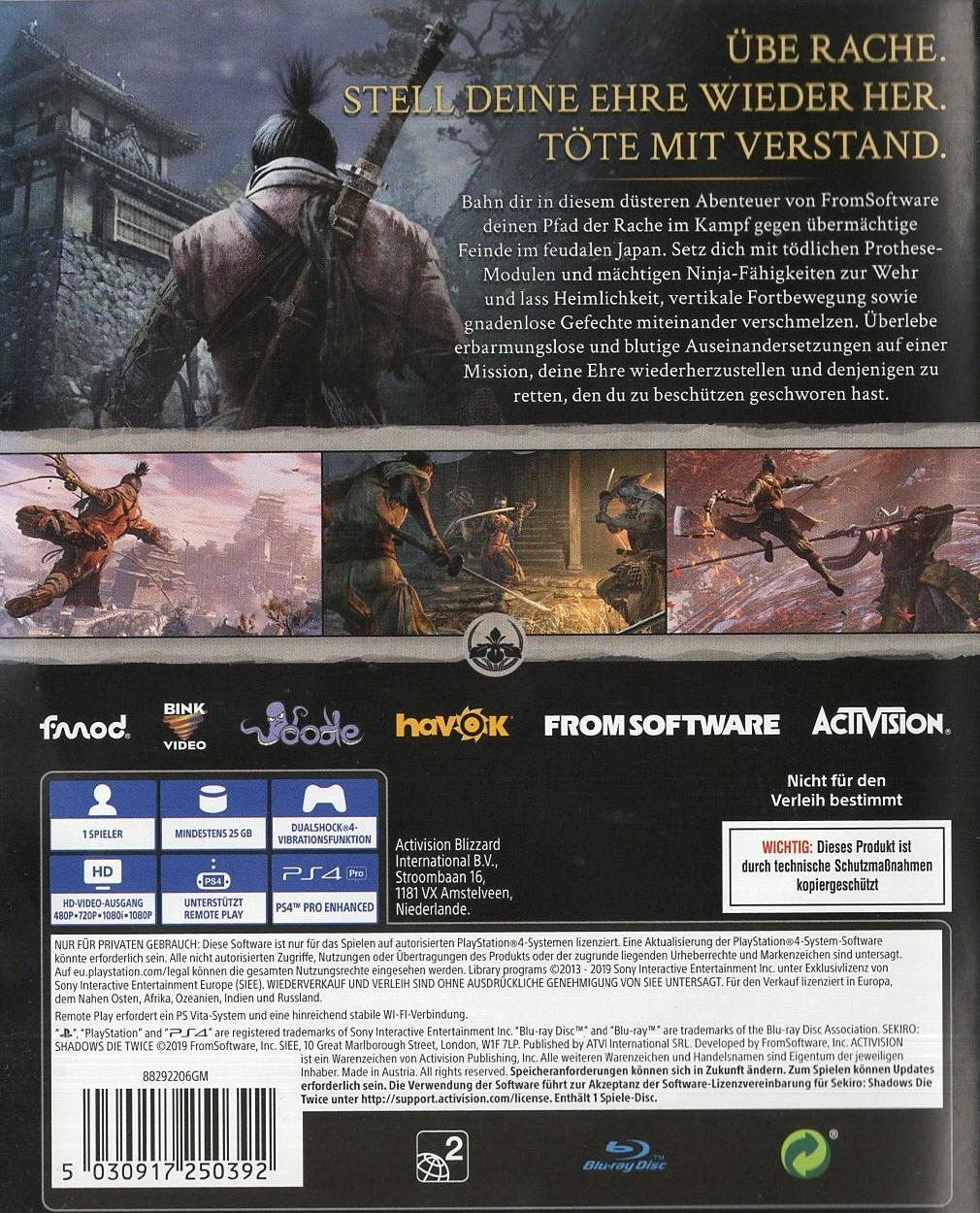 Sekiro: Shadows Die Twice - PlayStation 4 Rückseite