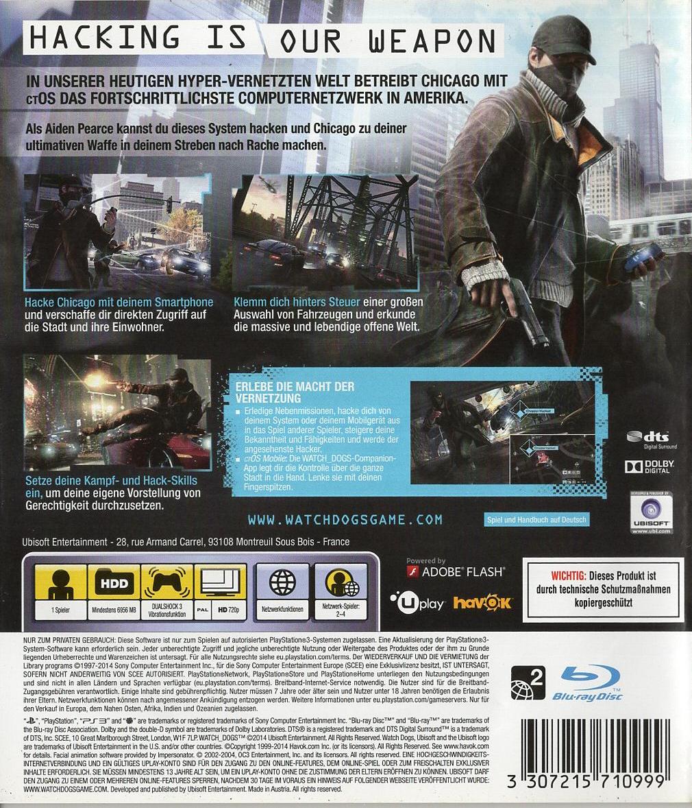 Watch Dogs - PlayStation 3 Rückseite