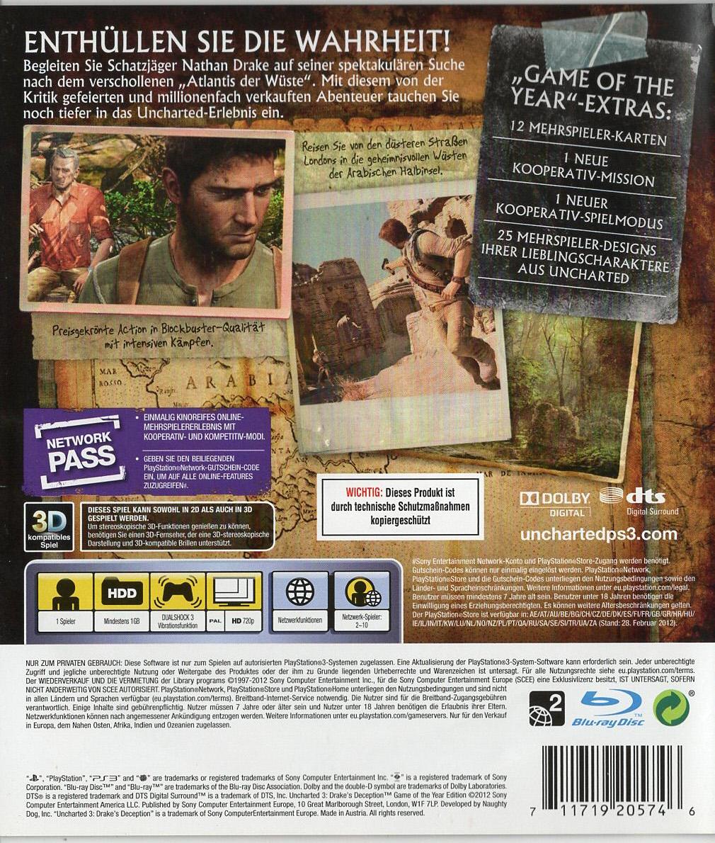 Uncharted 3: Drake's Deception - PlayStation 3 Rückseite