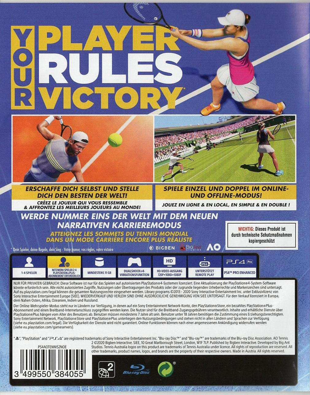 AO Tennis 2 - PlayStation 4 Rückseite